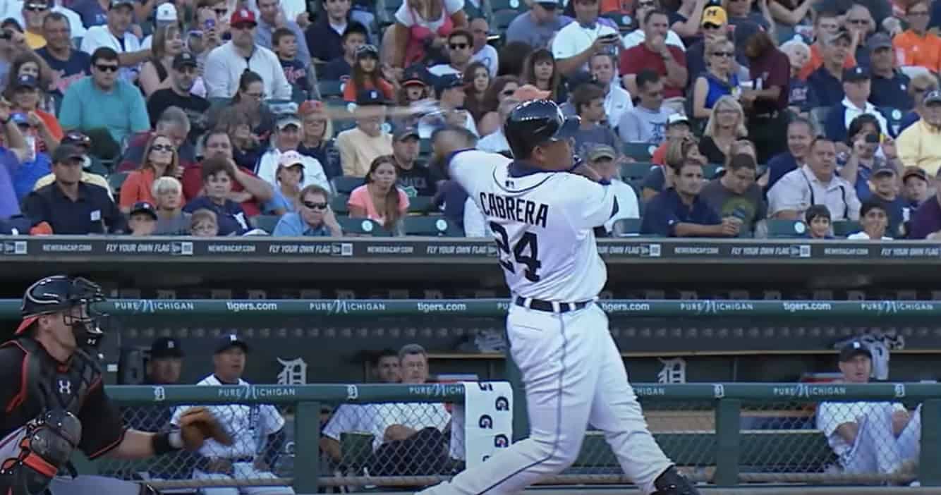Miguel Cabrera, a key baseball superstar of the 2010s, celebrating his Triple Crown victory.